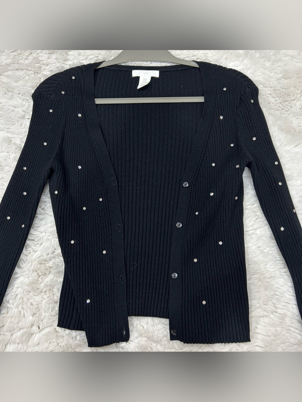 H&M Black Ribbed Button-Front Sweater Cardigan with Stud Accents